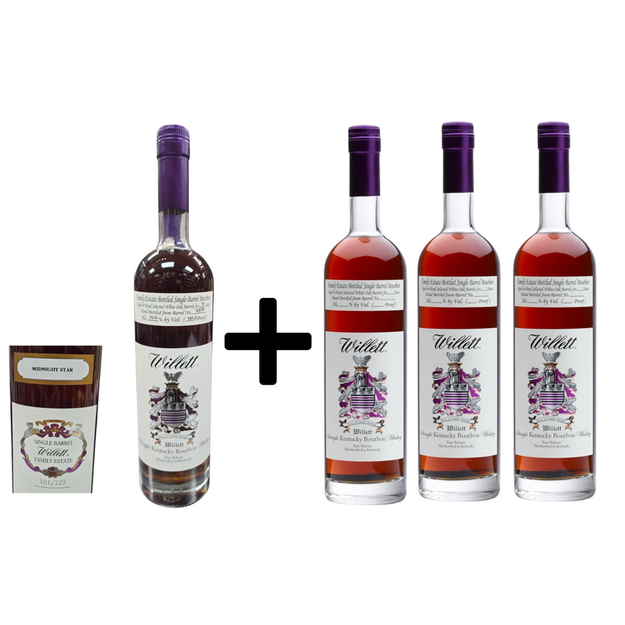 Willett Family Estate Bottled Single Barrel 9 Year Old #4378 Midnight Star + 4 Year Old Straight Bourbon Whiskey Bundle 750ml 4-Pack
