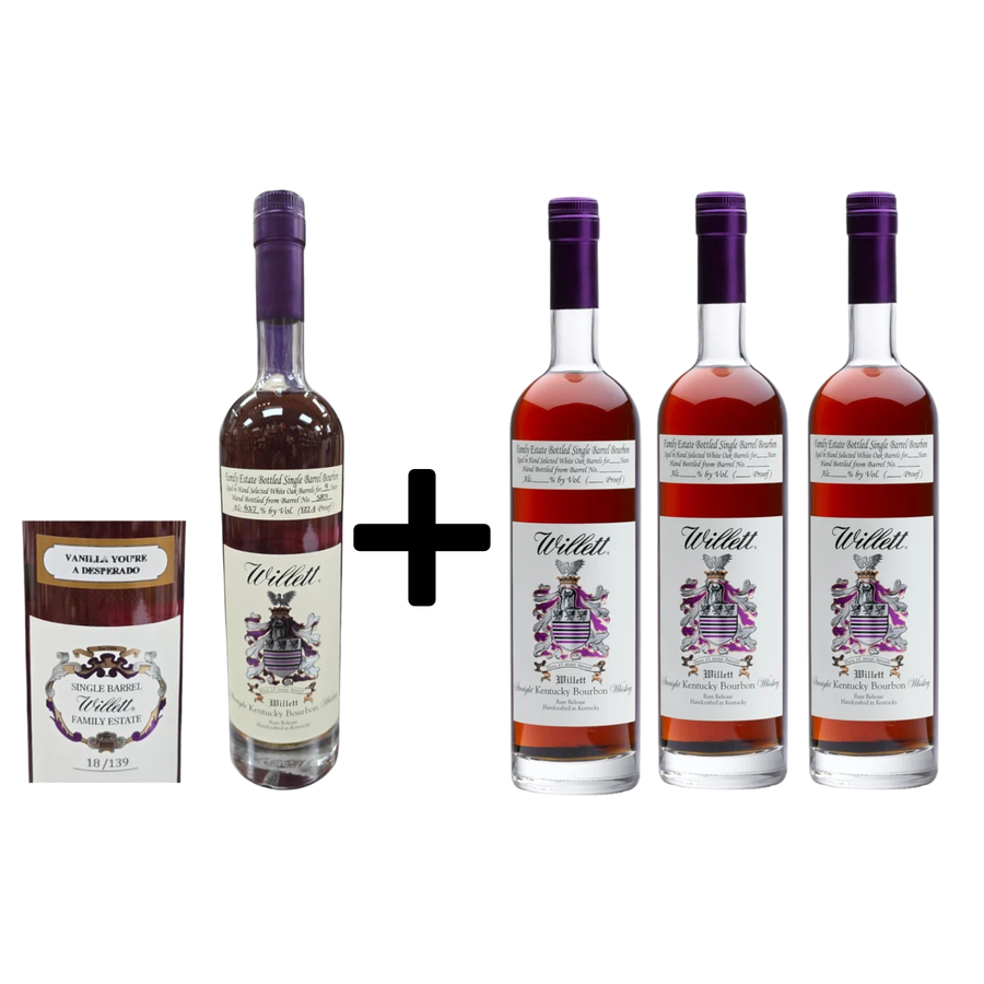 Willett Family Estate Bottled Single Barrel 9 Year Old #5871 Vanilla Youre A Desperado & 4 Year Old Straight Bourbon Whiskey Bundle 750ml 4-Pack