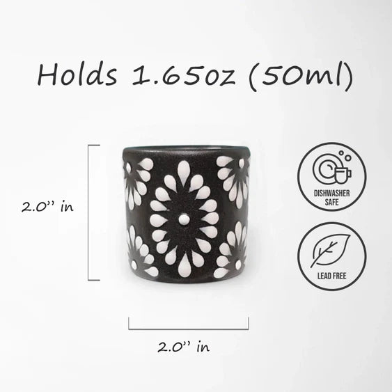 Black & White Talavera Design Ceramic Hand Printed Shot Glasses 1.6-Oz