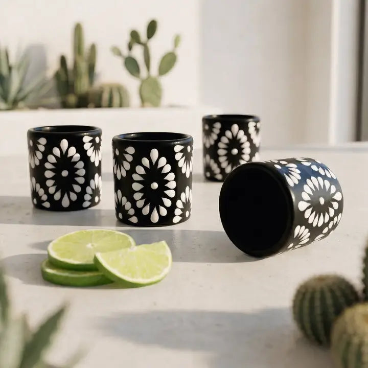 Black & White Talavera Design Ceramic Hand Printed Shot Glasses 1.6-Oz