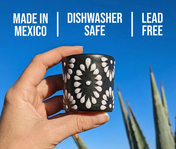 Black & White Talavera Design Ceramic Hand Printed Shot Glasses 1.6-Oz