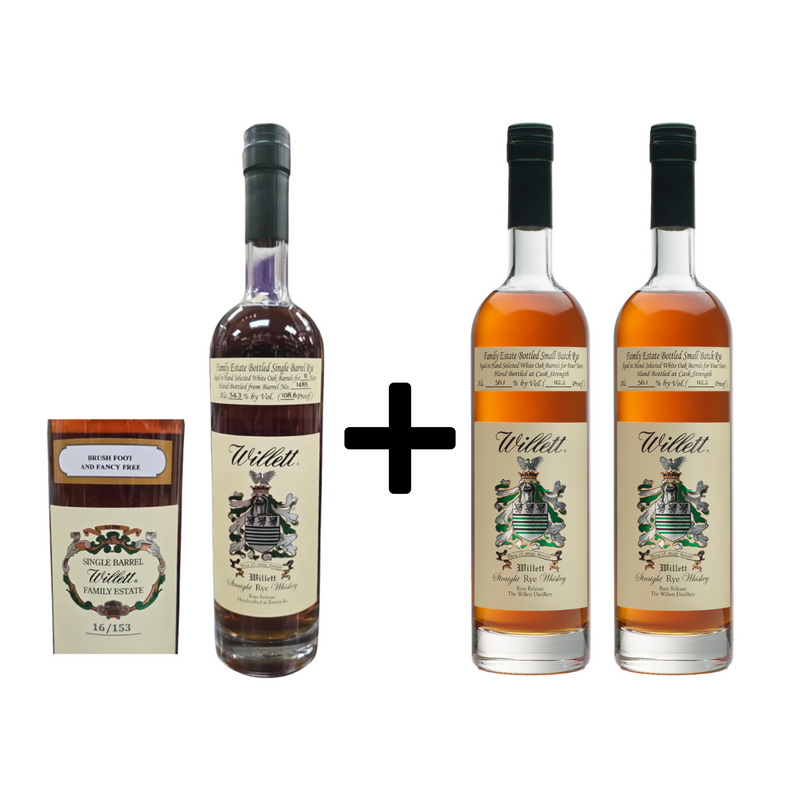 Willett Family Estate Bottled Single-Barrel 11 Year Old Barrel No. 1485 108.6 Proof Brush Foot And Fancy Free + 4 Year Old Straight Rye Whiskey Bundle 750ml 3-Pack