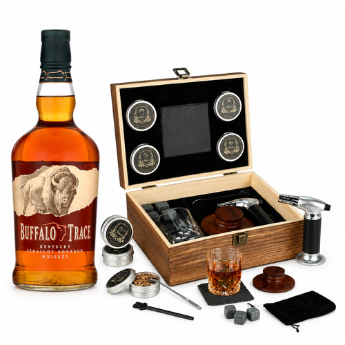 Buffalo Trace Straight Bourbon Whiskey with Premium Whiskey Smoker Kit with Wooden Box Torch 4 Flavors Wood Chips Cocktail Smoker Gears Glass and Whiskey Stones