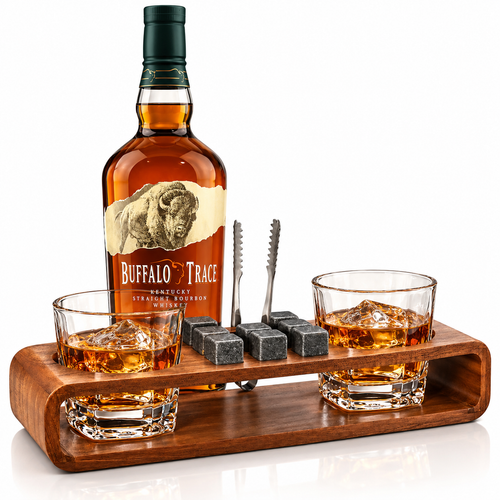 Buffalo Trace Straight Bourbon Whiskey With  Luxury Whiskey Gift Set – Glasses, Stones & Wooden Stand