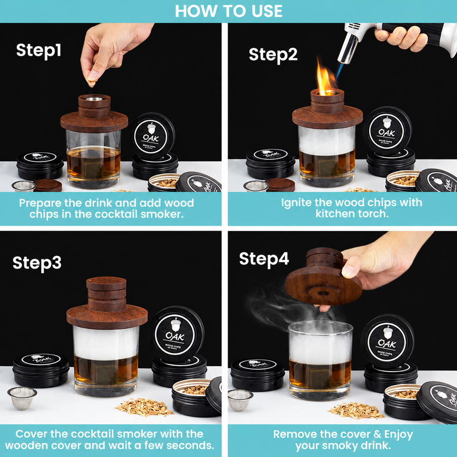 Premium Whiskey Smoker Kit with Wooden Box Torch 4 Flavors Wood Chips Cocktail Smoker Gears Glass and Whiskey Stones