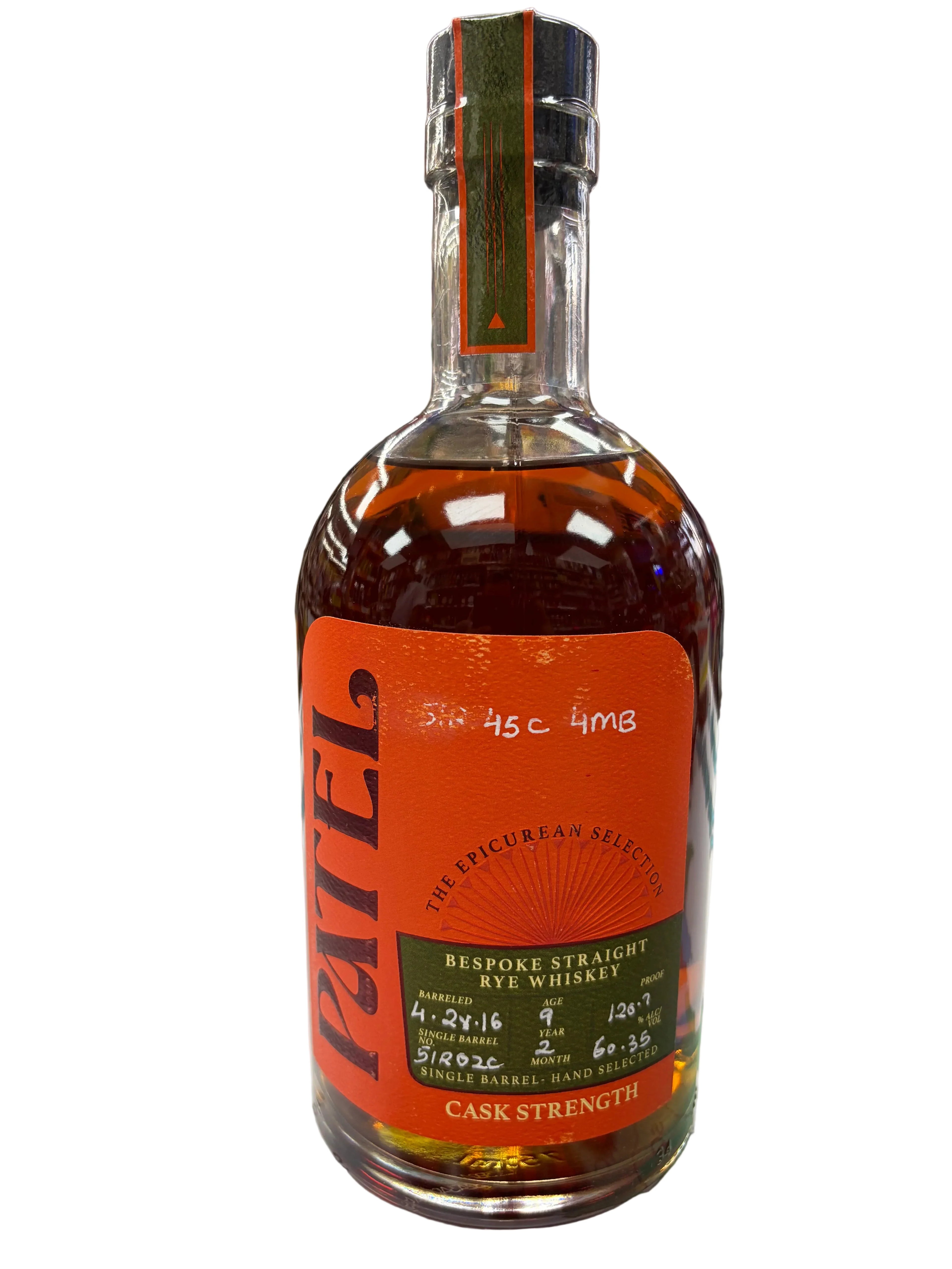 Patel Bespoke 9 Year 7 Months Old Single Barrel Cask Strength Rye Whiskey 750ml