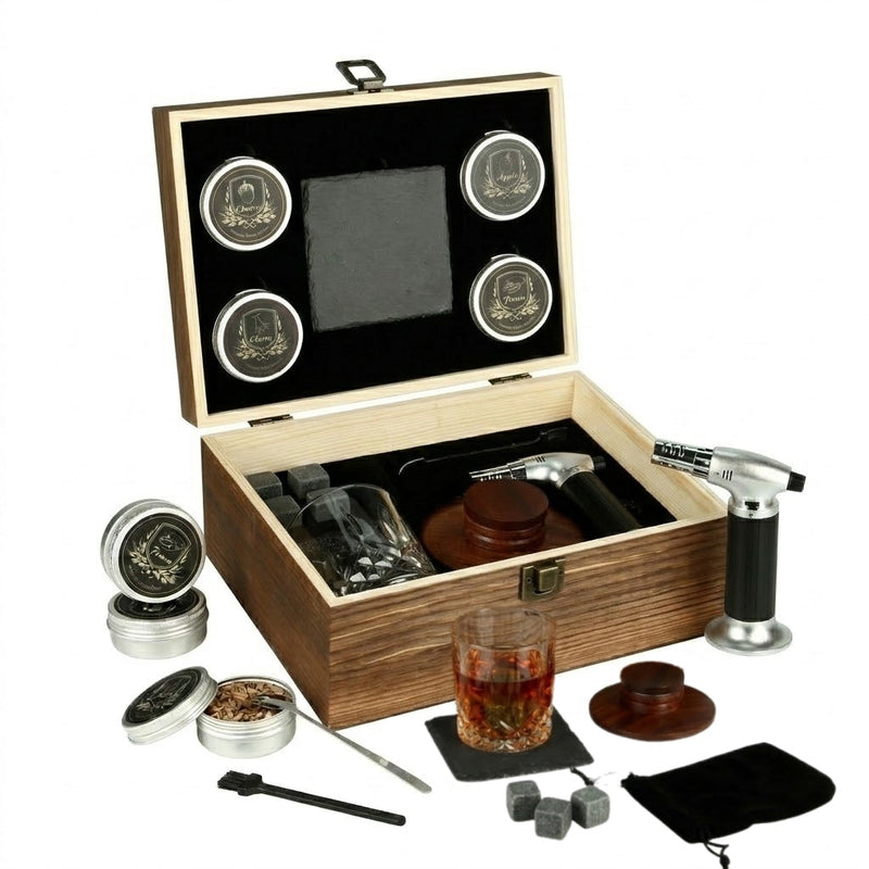 Premium Whiskey Smoker Kit with Wooden Box Torch 4 Flavors Wood Chips Cocktail Smoker Gears Glass and Whiskey Stones