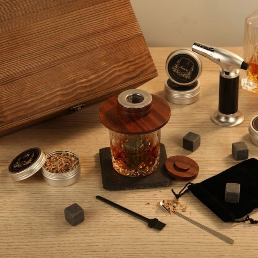 Premium Whiskey Smoker Kit with Wooden Box Torch 4 Flavors Wood Chips Cocktail Smoker Gears Glass and Whiskey Stones