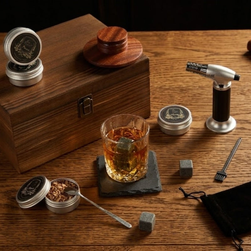 Premium Whiskey Smoker Kit with Wooden Box Torch 4 Flavors Wood Chips Cocktail Smoker Gears Glass and Whiskey Stones