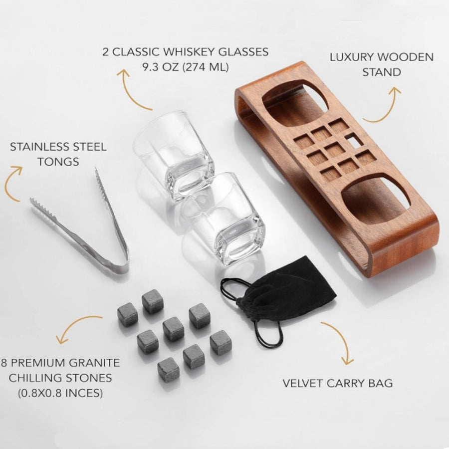 Square 250ml Whiskey Glass and Whiskey Stone with Wooden Stand Gift Set