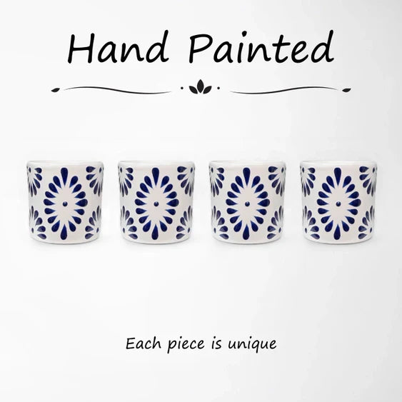 White & Blue Talavera Design Ceramic Hand Printed Shot Glasses 1.6-Oz