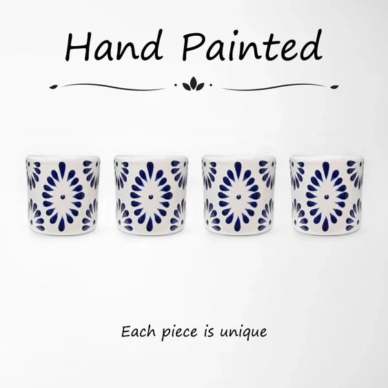 White & Blue Talavera Design Ceramic Hand Printed Shot Glasses 1.6-Oz