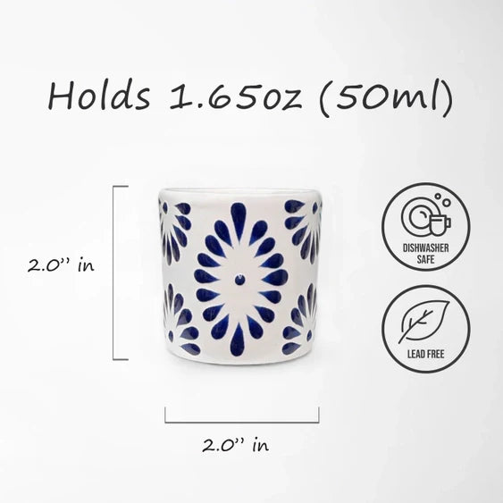 White & Blue Talavera Design Ceramic Hand Printed Shot Glasses 1.6-Oz