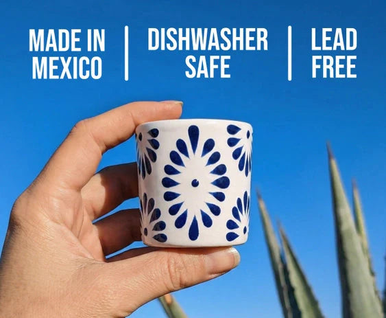 White & Blue Talavera Design Ceramic Hand Printed Shot Glasses 1.6-Oz