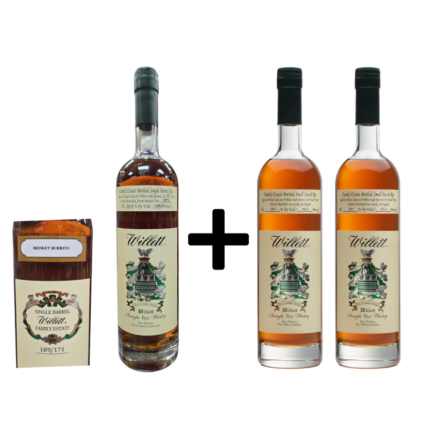 Willett's Family Estate Single Barrel 6 Year Old Brisket Burrito and Willett Family Estate Bottled Single Barrel 4 Year Old Straight Rye Whiskey 750ml Bundle 3-Pack