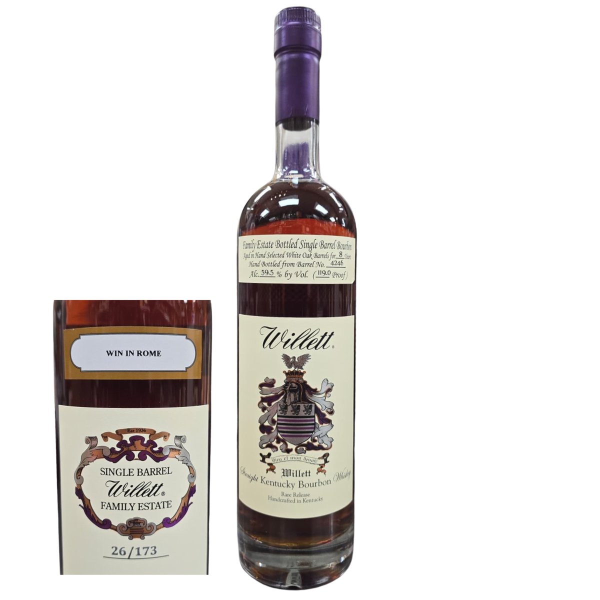 Willett Family Estate Bottled Single-Barrel 8 Year Old Barrel No. 4296 119 Proof Win In Rome  Straight Bourbon Whiskey 750ml